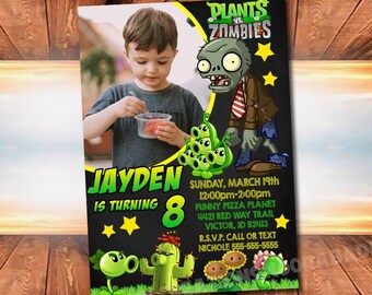 May include: A Plants vs. Zombies themed birthday invitation with a photo of a young boy. The invitation is black with green and yellow accents. It says "Jayden is turning 8" and includes the date, time, and location of the party.