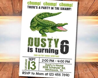 May include: Green and black alligator birthday party invitation for a child turning six. The invitation says "chomp! chomp! chomp! There's a party in the swamp!" and "Dusty is turning 6". The invitation includes the date, time, and location of the party.