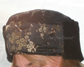 Hat Black Gold Brocade and Faux Fur