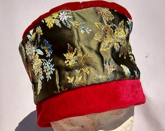 Moss Green Brocade pillbox Hat with Red Velvet Crown and Brim