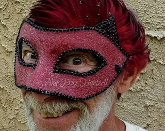 Mask RED Feather - Half mask, red sparkle and black rhinestones