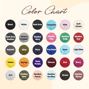 Puede incluir: Carta de colores que muestra 36 colores de tela diferentes, incluyendo negro, blanco, gris oscuro, turquesa, rosa, crema suave, azul marino jaspeado, rosa caridad, verde jaspeado, rojo jaspeado, asfalto, oliva, azul marino, azul real, aguamarina, azul claro, amarillo, naranja, morado equipo, granate, rojo, baya, ceniza, oliva jaspeado, melocot&oacute;n jaspeado, azul hielo jaspeado, marr&oacute;n y malva jaspeado.