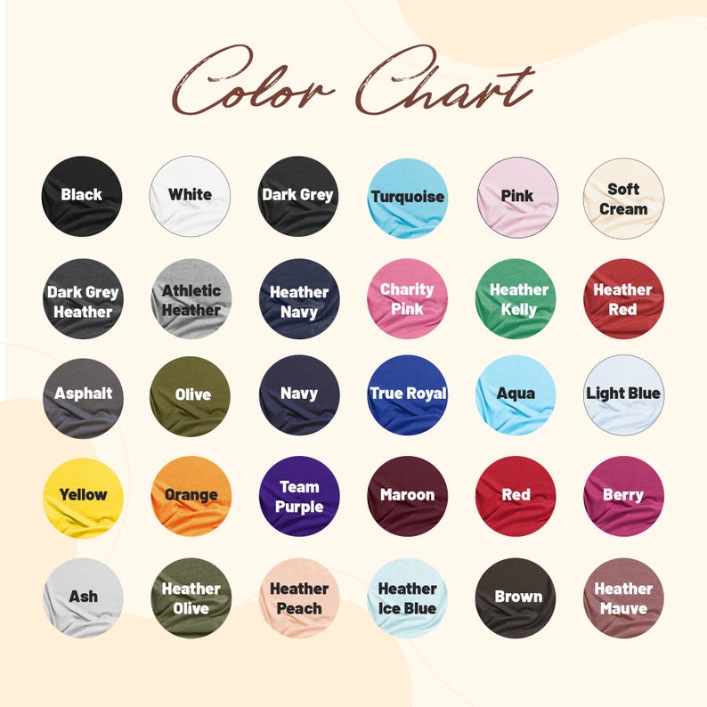 Puede incluir: Carta de colores que muestra 36 colores de tela diferentes, incluyendo negro, blanco, gris oscuro, turquesa, rosa, crema suave, azul marino jaspeado, rosa caridad, verde jaspeado, rojo jaspeado, asfalto, oliva, azul marino, azul real, aguamarina, azul claro, amarillo, naranja, morado equipo, granate, rojo, baya, ceniza, oliva jaspeado, melocot&oacute;n jaspeado, azul hielo jaspeado, marr&oacute;n y malva jaspeado.