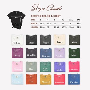 Pu&ograve; includere: Tabella delle taglie per una t-shirt con misure in pollici. La tabella mostra la larghezza e la lunghezza della t-shirt nelle taglie S, M, L, XL, 2XL e 3XL. La tabella mostra anche 18 diverse opzioni di colore per la t-shirt.