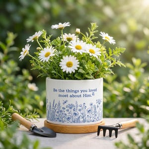 May include: A white ceramic flower pot with a floral design and the text "Be the things you loved most about Him." Daisies with white petals and yellow centers are planted in the pot. A small shovel and rake are next to the pot.