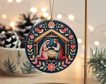 Scandinavian Nativity Ornamen, The Holy Family Christmas Ornament,Christian Folk Art Christmas Decor, nativity scene gift,Reason for season