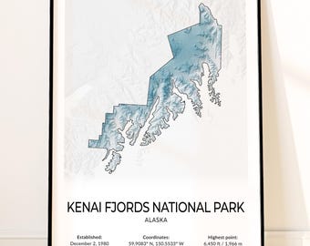 Kenai Fjords National Park Map Poster, Topographic Alaska Wall Art, Exit Glacier, Harding Icefield, Aialik Bay, Resurrection Bay Print