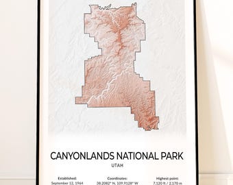 Canyonlands National Park Map Poster, Topographic Utah Wall Art, Mesa Arch, Island in the Sky, The Needles, Confluence Overlook Print