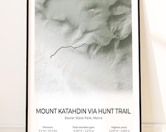 Mount Katahdin Trail Map Poster, Topographic Maine Wall Art, Baxter State Park, Knife Edge, Appalachian Trail Northern Terminus Print