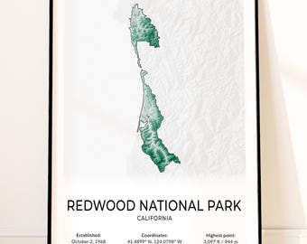 Redwood National Park Map Poster, Topographic California Wall Art, Tall Trees Grove, Fern Canyon, Redwood Creek, Gold Bluffs Beach Print