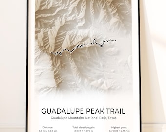 Guadalupe Peak Trail Map Poster, Guadalupe Mountains National Park Wall Art, Texas Topographic Print, Pine Springs, Top of Texas Print
