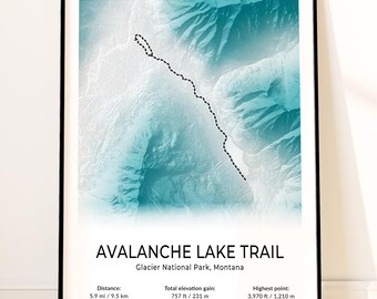 Carte du sentier d'Avalanche Lake (affiche), Décoration murale du parc national des Glaciers, Impression topographique du Montana, Sentier des Cèdres, Impression de Bearhat Mountain