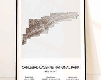 Carlsbad Caverns National Park Map Poster, Topographic New Mexico Wall Art, Big Room, Natural Entrance, Bat Flight, King's Palace Print