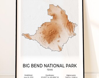 Big Bend National Park Map Poster, Topographic Texas Wall Art, Santa Elena Canyon, Chisos Basin, Rio Grande, The Window, Emory Peak Print