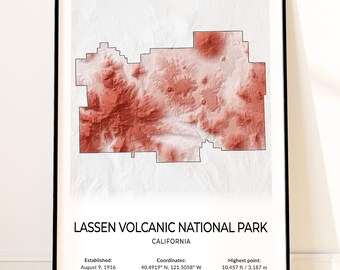 Lassen Volcanic National Park Map Poster, Topographic California Wall Art, Lassen Peak, Bumpass Hell, Manzanita Lake, Cinder Cone Print