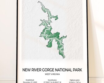 New River Gorge National Park Map Poster, Topographic West Virginia Wall Art, New River Gorge Bridge, Endless Wall, Sandstone Falls Print