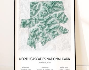 North Cascades National Park Map Poster, Topographic Washington Wall Art, Diablo Lake, Cascade Pass, Ross Lake, Picket Range, Stehekin Print