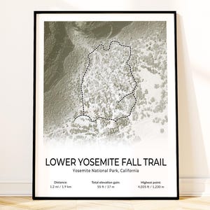 Lower Yosemite Fall Trail Map Poster, Yosemite National Park Wall Art, California Topographic Print, North America's Tallest Waterfall Print