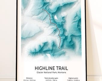 Highline Trail Map Poster, Glacier National Park Wall Art, Montana Topographic Print, Garden Wall, Haystack Butte, Continental Divide Print