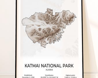 Katmai National Park Map Poster, Topographic Alaska Wall Art, Brooks Falls, Valley of Ten Thousand Smokes, Naknek Lake, Mount Katmai Print