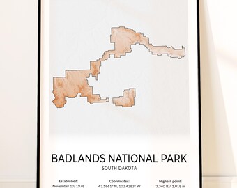 Badlands National Park Map Poster, Topographic South Dakota Wall Art, Badlands Wall, Yellow Mounds, Sage Creek Wilderness, Notch Trail Print