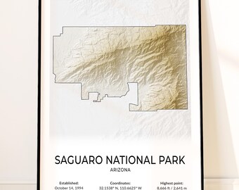 Saguaro National Park Map Poster, Topographic Arizona Wall Art, Rincon Mountain District, Tucson Mountain District, Wasson Peak Print