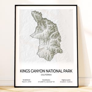Kings Canyon National Park Map Poster, Topographic California Wall Art, General Grant Tree, Zumwalt Meadow, Cedar Grove, Rae Lakes Print