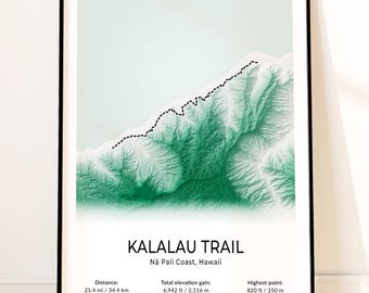 Kalalau Trail Topographic Map Poster, Na Pali Coast Sea Cliffs Thru-Hike Wall Art, Hanakapiai Falls, Kalalau Beach Kauai Hawaii Print
