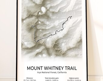 Mount Whitney Trail Map Poster, Topographic California Wall Art, Whitney Portal, Trail Crest, Lone Pine Lake, Highest in Lower 48 Print