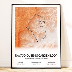 Hiking Wall Art, Bryce Canyon Navajo Loop Map Poster, National Park Topographic Print, Utah Souvenir, Hiking Lover Gift, Landscape Decor