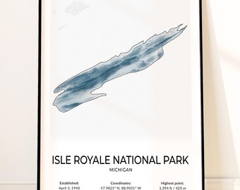 Isle Royale National Park Map Poster, Topographic Michigan Wall Art, Rock Harbor, Windigo, Greenstone Ridge Trail, Lake Superior Print
