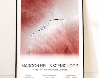 Maroon Bells Trail Map Poster, Topographic Aspen Colorado Wall Art, Maroon Lake, White River Forest, Elk Mountains, Pyramid Peak Print