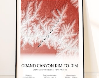 Rim to Rim Trail Map Poster, Grand Canyon National Park Wall Art, Arizona Topographic Print, Phantom Ranch, Colorado River Crossing Print