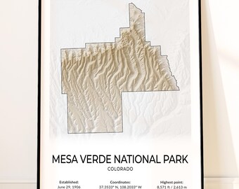 Mesa Verde National Park Map Poster, Topographic Colorado Wall Art, Cliff Palace, Balcony House, Spruce Tree House, Chapin Mesa Print