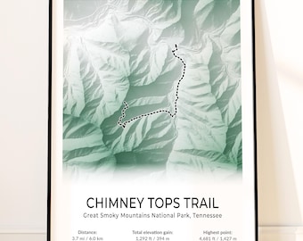 Chimney Tops Trail Map Poster, Great Smoky Mountains National Park Wall Art, Tennessee Topographic Print, Twin Pinnacles, Switchbacks Print