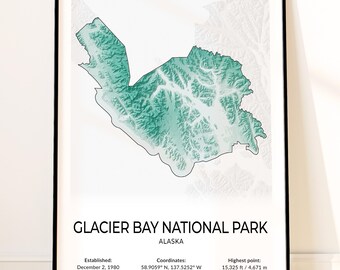 Glacier Bay National Park Map Poster, Topographic Alaska Wall Art, Margerie Glacier, Johns Hopkins Glacier, Fairweather Range Print