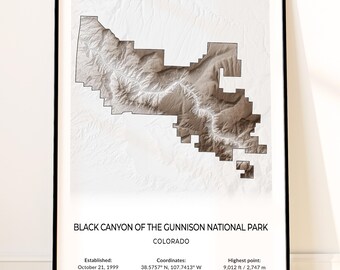 Black Canyon of the Gunnison National Park Map Poster, Topographic Colorado Wall Art, Painted Wall, Gunnison River, Warner Point Print