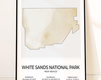 White Sands National Park Map Poster, Topographic New Mexico Wall Art, Dunes Drive, Interdune Boardwalk, Dune Life Nature Trail Print