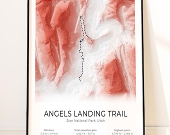 Angels Landing Trail Map Poster, Zion National Park Wall Art, Utah Topographic Print, Chain Route, Refrigerator Canyon, Scout Lookout Print