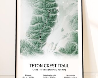 Teton Crest Trail Topographic Map Poster, Grand Teton Thru-Hike Wall Art, Death Canyon, Alaska Basin, Paintbrush Divide Wyoming Print