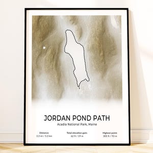 Arte mural de senderismo, póster del mapa del estanque Acadia Jordan, impresión de sendero topográfico del Parque Nacional, recuerdo de Maine, regalo para amantes del senderismo al aire libre, decoración