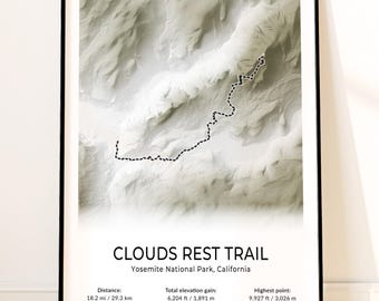 Clouds Rest Trail Map Poster, Yosemite National Park Wall Art, California Topographic Print, Tenaya Lake, Half Dome, Exposed Ridge Print