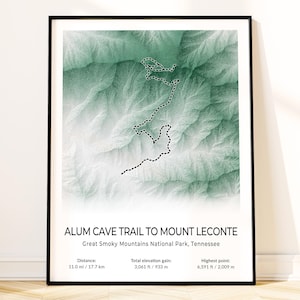 Hiking Wall Art, Smoky Mountains Mount LeConte Map Poster, National Park Topographic Print, Tennessee Souvenir, Hiking Gift, Landscape Decor