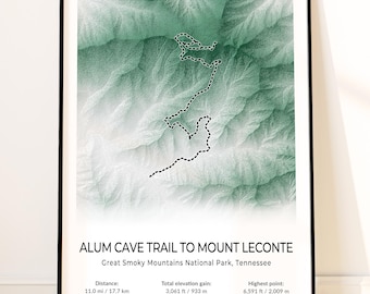 Hiking Wall Art, Smoky Mountains Mount LeConte Map Poster, National Park Topographic Print, Tennessee Souvenir, Hiking Gift, Landscape Decor