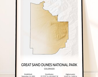 Great Sand Dunes National Park Map Poster, Topographic Colorado Wall Art, Star Dune, Medano Creek, Sangre de Cristo Mountains Print