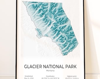 Póster de parque nacional, mapa topográfico de glaciar para pared, recuerdo de Montana, regalo de senderismo para él, decoración para el hogar o la oficina para amantes de la naturaleza.