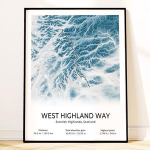 West Highland Way Topographic Map Poster, Scottish Highlands Thru-Hike Wall Art, Loch Lomond, Glasgow to Fort William Scotland Print