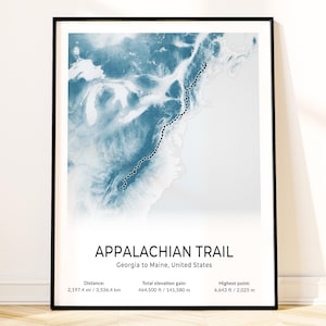 Póster de mapa de senderos, arte mural topográfico del Sendero de los Apalaches, impresión para mochileros, recuerdo de montaña de la Costa Este, regalo para senderistas, decoración paisajística
