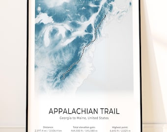 Trail Map Poster, Appalachian Trail Topographic Wall Art, Backpacking Print, East Coast Mountain Souvenir, Thru Hiker Gift, Landscape Decor