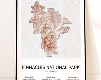 Pinnacles National Park Map Poster, Topographic California Wall Art, High Peaks, Bear Gulch Cave, Balconies Cave, Chalone Peak Print